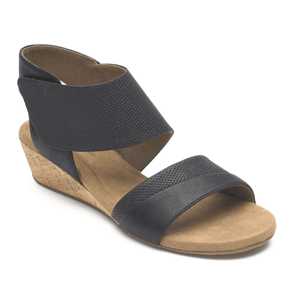 Sandalias Rockport Mujer Mexico - Calia Mid Wedge Cuff Negros - HWDMS9568